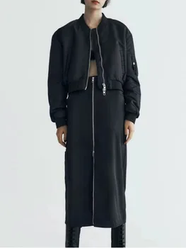 2023 jeseň novej dámskej módy všetky zápasom na zips bombardér bunda + počítadlo pravý zips nylon textúra vysoký pás rovno sukne
