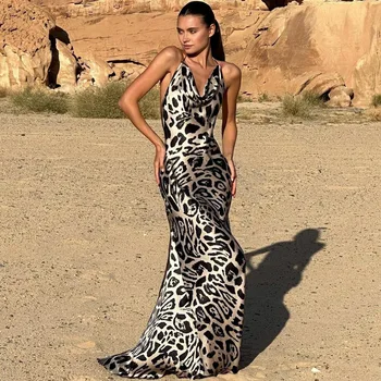 Elegantné Leopard Tlač Sexy Hlboké V Backless Šaty pre Ženy Lete Nenávisti Kyvné Obväz Krku Maxi Šaty Večerné Šaty Župan