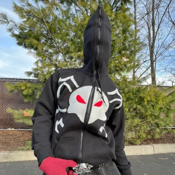 Gotický grafické Zip Hoodie Harajuku Žena na Zips, Dlhý Rukáv Bežné hoodies Nadrozmerné oblečenie EMO Hip hop vintage bunda Punk