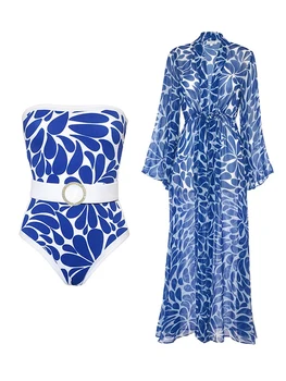 Bandeau Vytlačené 2023 Beach Oblečenie Pre Ženy, jednodielne Plavky S Pásom a zakryť Kaftany Pre Mujer Luxusný Sexy Novú Kimono