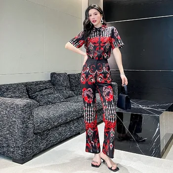 Európa tovaru tlač, blúzky a nohavice vyhovovali 2023 letné nový štýl žena jednoduché dochádzanie OL módne dvoch-dielny oblek