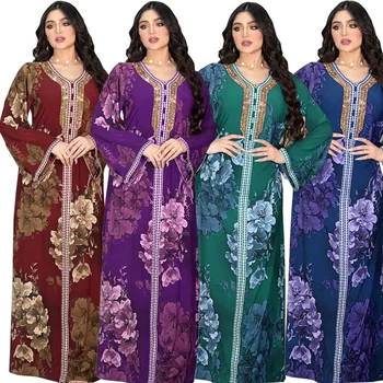Moslimské Elegantné Letné Ženy Dlhý Rukáv V krku Polyester Zelená Fialová Modrá Dlho Abaya Maxi Šaty Moslimských Módne Šaty