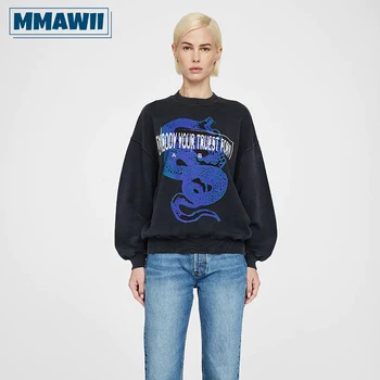 MMAWII Grafické Had List Tlač Ženy Móda Mikina 2023 Jeseň Voľné Dlhý Rukáv Žena Streetwear Oblečenie