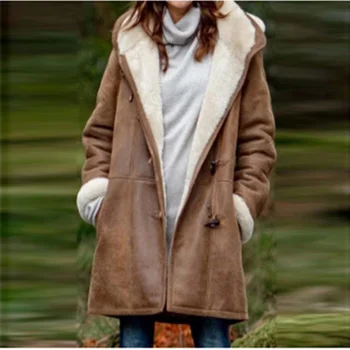 2023 Jeseň/zima módne nový kabát,jednoduchý štýl farbou bežné tlačidlo cardigan teplý stredný a dlhý s kapucňou žien kabát