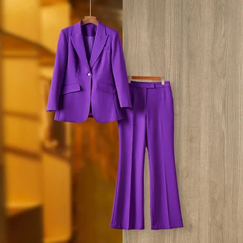 Jedného Tlačidla Dlhý Rukáv Saka Obličkového Nohavice 2 Ks Ženy Nastaviť Elegantné Deep Purple Business Office Lady Oblek