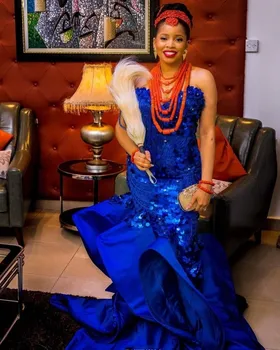 Kráľovská Modrá Svadobný Hosť Šaty Milú Africkej Ženy Morská Víla Šaty Ples Sequin Formálne Večerné Šaty Morskej Panny