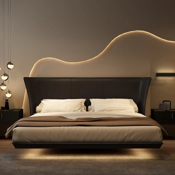 minimalistický kožené postele malý byt vietor black plávajúce posteľ moderný minimalistický dvojlôžkové spálne posteľ manželská posteľ