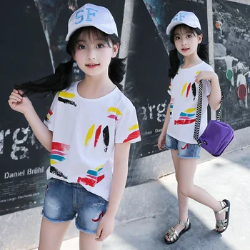 2023 Kórea detské Letné Bežné Krátke Rukáv Top Deti Oblečenie Základnej Dievčatá O-Krku Tlače Oblečenie Detí Fashion T-shirt