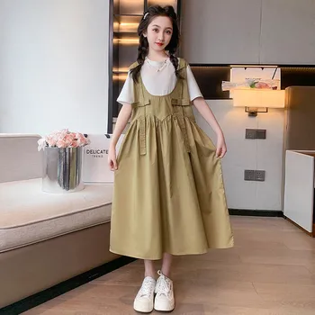 Letné šaty pre mladé dievčatá 4-16 rokov dievča elegantné Party Šaty 2023 Bežné falošné dve šaty pre dodanie Zdarma kórejský štýl šaty