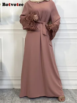 Botvotee Pevné Čipky Moslimské Oblečenie pre Ženy 2023 Módne Voľné Pulóver Čipky Zips Šaty Retro Bežné Dlhý Rukáv Šaty