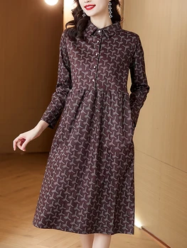 2023 Tlač Dlhý Rukáv Polo Golier dámske Šaty kórejský Vintage Luxusné Strany Vestidos Jeseň Zima Elegantné Bežné Domáce Šaty