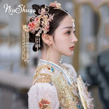 NiuShuya Čínske Svadobné Nevesty Vlasy Príslušenstvo Ručné Ružový Kvet Strapce Kráľovná, Princezná Ženy Kostým Hanfu Hairwear