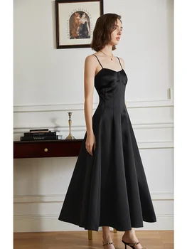 Elegantný a Elegantné Saténové Popruh Šaty pre Ženy 2023 Hepburn Štýl Malé Čierne Šaty s Pás Drop Šaty