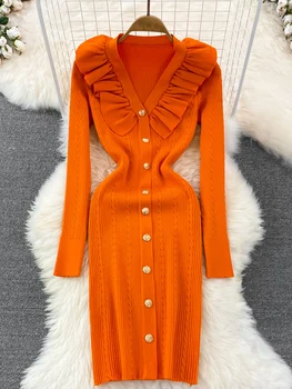 Módne Pletené Šaty pre Ženy, Dlhý Rukáv Streetwear Volánikmi Šaty Slim Midi Vintage Pevné 2023 Nové Jesenné Zimné Šaty