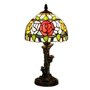 LongHuiJing 8 Palcový Vitráže Tiffany Stolná Lampa Európskej Stolové Lampy, Ruže Kvet Tienidlo