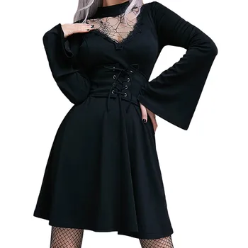 Ženské Vintage Šaty Dlhý Rukáv, Čierna Vysoký Pás Gotické Šaty