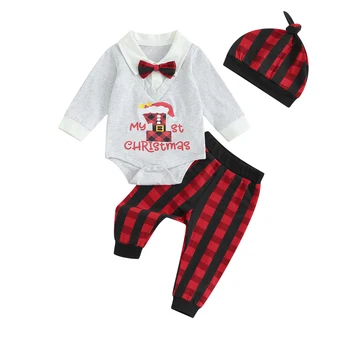 Pudcoco Dieťa Novorodenca Chlapci 3ks Vianočné Oblečenie s Dlhým Rukávom motýlik Romper + Nohavice + Klobúk Nastaviť Gentleman Oblečenie 0-12M