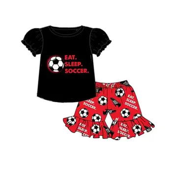 Šport Štýlu Deti Oblečenie Baby Girl Nastaviť Krátke Prehrabať Rukávy Vytlačené Top a Červené Šortky Boutique Lete Batoľa Oblečenie