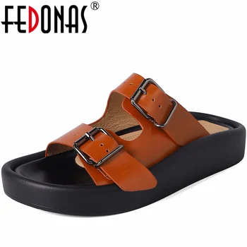 FEDONAS Platformy Papuče Ženy Letné Sandále pravej Kože Bytov Pracky Voľného času Bežné Pohodlné Topánky Žena Nový Príchod