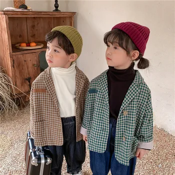 Chlapec Dievča Dieťa Sako Deti Jeseň Oblečenie Móda kórejský Štýl Detí Kockovaný Kabát Dieťa Bežné Bunda Formálne Batoľa Oblečenie