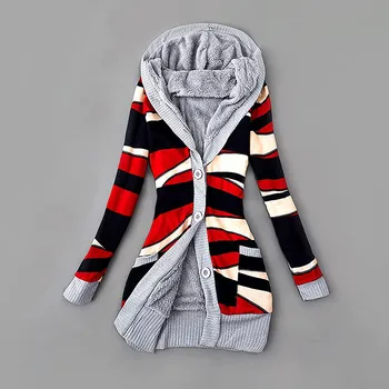 Jesenné Zimné Vesty pre Ženy Line V Plyšové Kabát s Kapucňou Vytlačený Hrubé Pletené Tlačidlo Do Polovice dĺžky Outwear Kabát