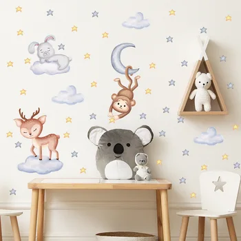 Cartoon zvierat zmes Mesiac svetlé hviezdičkový Cloud detskej izby mš skrášľujúce stenu, nálepky, bytové doplnky