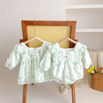 Baby Dievčatá 2-Pack Krásne Zelené Kvetinové Rozstrapatené Kombinézach + Šaty Batoľa Bavlnené Oblečenie, Oblečenie Remienky Sady Pre 0-36 Mesiacov
