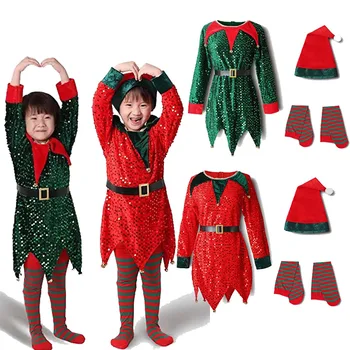 Vianočné detské oblečenie rodič-dieťa oblečenie roztomilý zelená červená flitrami elf chlapci a dievčatá mš kostýmy