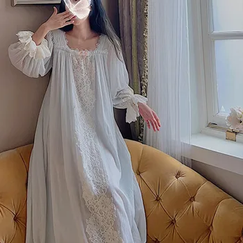 Princezná Vintage Dlhé Voľné Bavlna Nightgowns Francúzsky Sexy Námestie Golier Plné Rukávy Nightdress Sladké Čipky, Výšivky Nightie