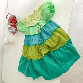 V Lete Zelené Šaty Milé Dievčatá Oblečenie Prúžok Opuchnuté Prehrabať Šaty Pre Teen Strany Ženy, Dievčatá Princezná Šaty Šaty