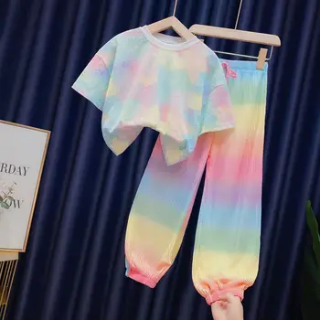 Dievčatá 2023 Lete Nové Módne Ice Hodváb Rainbow Gradient Farba Voľné 2 ks T-shirts+nohavice Obleky 3-12 Rokov Deti Kravatu-farbené Oblečenie