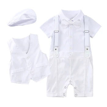 Letné Baby Chlapci Oblečenie Set 3 Ks Gentleman Strany Vyhovovali Formálne Tričko Motýlik Romper+Vesta+Klobúk Novorodenca Šaty Dieťa Školské Oblečenie