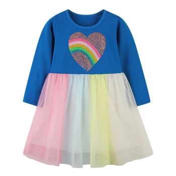 Rainbow Dlhý Rukáv Dievčatá Kontrastné farby Šaty Narodeniny Jar Jeseň Gázy Čipky Rainbow Lásky Dieťa Šaty pre Dievča Oblečenie