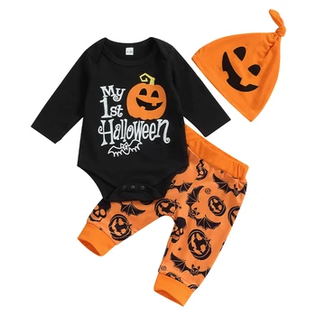 Pudcoco Dieťa Baby Chlapci, Dievčatá Halloween Oblečenie S Dlhým Rukávom Tekvica Tlač Romper + Nohavice + Klobúk Nastaviť Dieťa Oblečenie