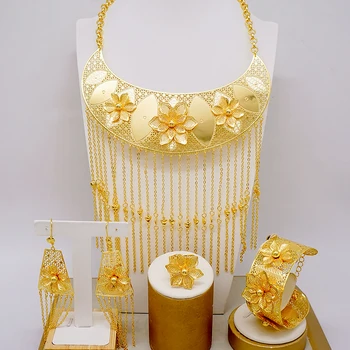 Ženy Náhrdelník Dubaj 24k Pozlátený Zlaté Šperky Nastaviť Originálne Náušnice, Prstene, Náramky, Svadobný Doplnok Darčeky Nigéria