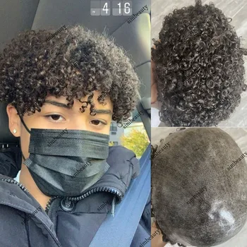 15 mm Kučeravé Mužov Toupee Odolná Full Pu Kože Tenké Base Tmavo Hnedé Afro Muž Ľudské Vlasy Systém Kapilárnej Protéza Prírodné Vlasové