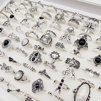 50/100ks/Veľa Veľkoobchod Mix v Štýle Vintage Strieborná Farba Prst Prstene pre Ženy Opal Crystal Čierny Akryl Veľký Motýľ Šperky