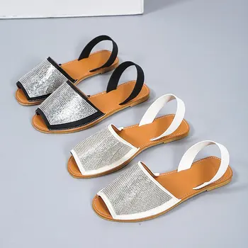 2022 dámske Sandále Kožený Povrch Drahokamu Retro Sandále Pošmyknúť na Bežné Otvorené Prst Šitie Dámy Ploché Pláže Topánky Ženy