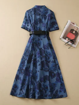 Letné dámske Kvetinové Tlač 100% Bavlna Tričko Šaty Modrá Krátky Rukáv Zase Dole Golier Midi Bežné Vintage Vestidos 2023