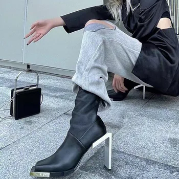 2023 Zimné Ženy, Členkové Topánky Fashion Square Prst Späť Na Zips Dámy Krátke Topánky, Námestie Vysokým Podpätkom Soft Black Chelsea Boot
