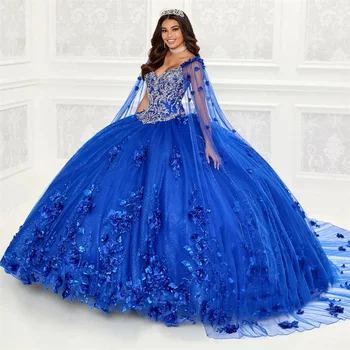 Kráľovská Modrá Charro Quinceanera Šaty Plesové Šaty, Zlatko Tylu Kvetinový Korálkové Opuchnuté Mexickej Sweet 16 Šaty 15 Anos