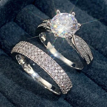 Nové Módne 2ks/Set Snubné Prstene pre Ženy, Luxusné Oslňujúci Kolo Cubic Zirconia Crystal Krúžok Módne Svadobné Šperky, Zásnubné