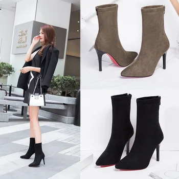 2023 Luxusné Ženy Béžová Čierne Ponožky, Topánky Stiletto Tenké Vysoké Podpätky Elastické Pletenie Topánky Zimné Strečové Tkaniny Topánky Plus Veľkosť