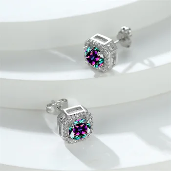 Rainbow Crystal Kolo Kameň Náušnice Multicolor Zirkón Malé Námestie Stud Náušnice Pre Ženy Trendy Strieborná Farba Svadobné Šperky