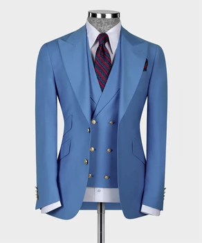 Klasické Modré Plný pánske Oblek na Svadbu 3KS Sako, Vesta Nohavice, Slim Fit Formálne Business oblečenie Traje elegante Hombre