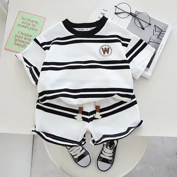 Detský Oblek Lete Nové Chlapčenské Crewneck Pruhované tričko + krátke Nohavice Dvoch-dielny Set Chlapci Oblečenie 1-5 Rokov