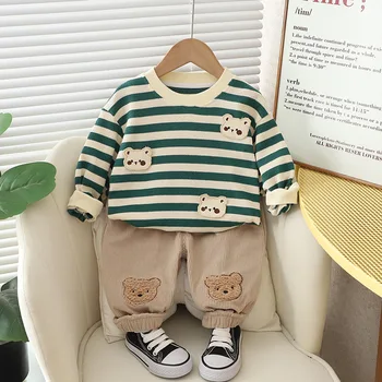 Jar, Jeseň Batoľa Oblečenie Chlapcov kórejský Módne Cartoon Prekladané Dlhý Rukáv T-košele a Nohavice Infant Oblečenie pre chlapčeka Oblek