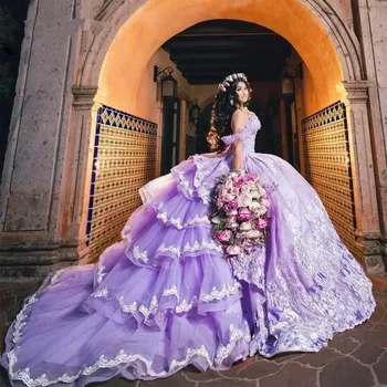 Lila levandule Princezná Quinceanera Šaty 3D Kvetinovým Mimo Ramenný Gillter Flitrami šnurovacie Korzet prom Vestidos 15 anos rosa