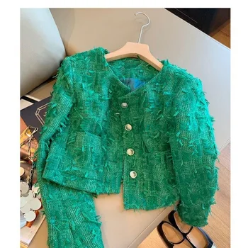 Zelený Vonný Strapec Hrubé Tweed Krátky Kabát na Jeseň dámskej Módy Štýl Dlhý Rukáv Bundy