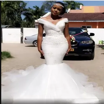 Africké Mimo ShoulderMermaid Svadobné Dresse Korálkové Perly Plus Veľkosť Svadobné Šaty Vestidos De Novia